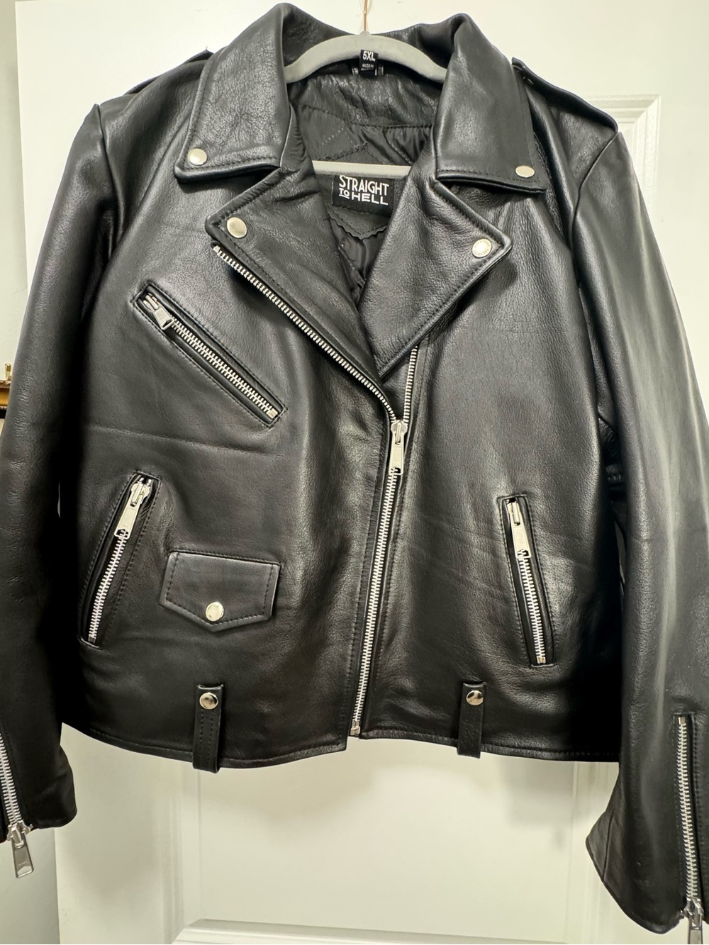 Straight To Hell Commando Leather Jacket 5XL - Black Silver Ramones Biker